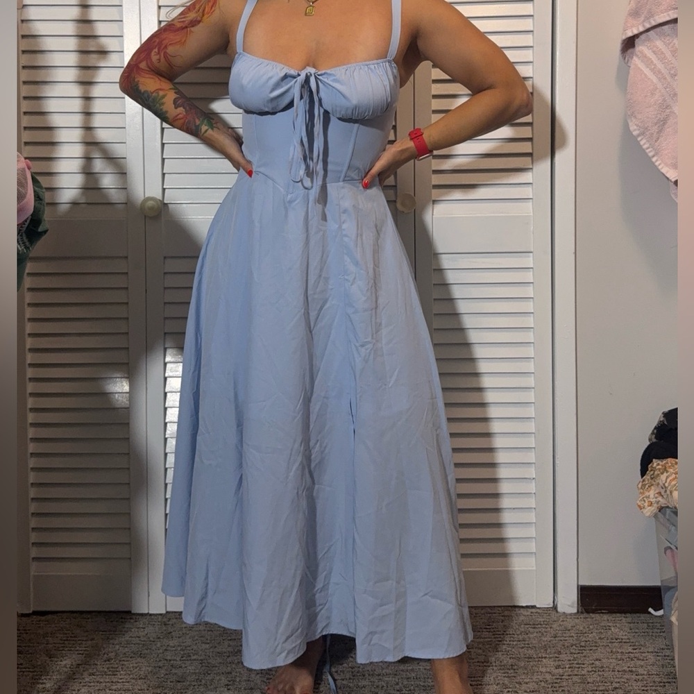 Elegant Milkmaid Sky Blue Women's Corset Dress w/Lace up back and leg slit